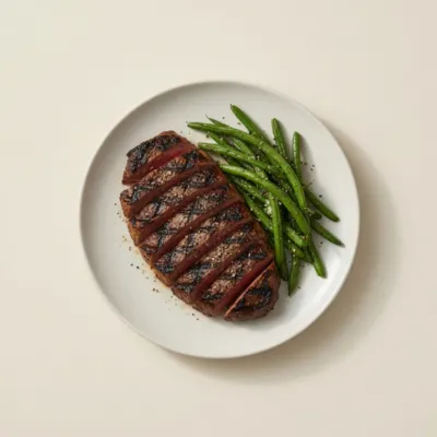 Steak grillé et haricots verts